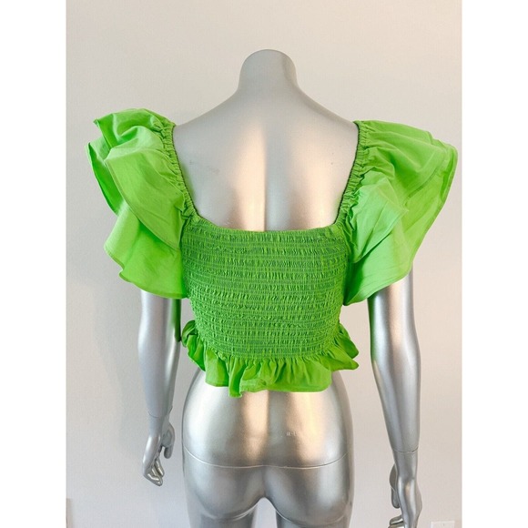 Ramy Brook Crop Top Capri Green Square Neck Yolanda Ruffle Smocked - Picture 3 of 7